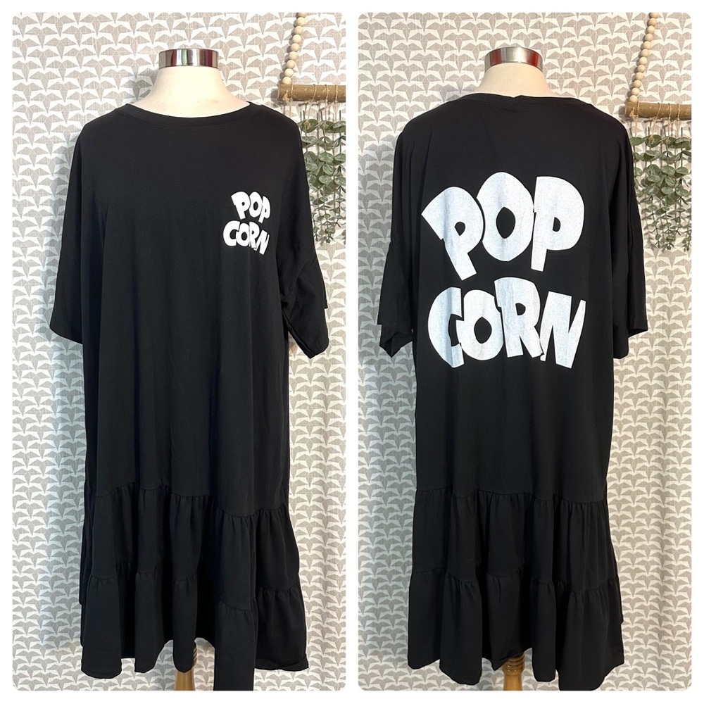 Popcorn Tee Shirt Dress Black Ruffle Bottom Oversized Made in Italy NWT Size 2X